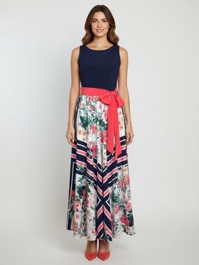 Eliza J Floral Maxi Dress Navy Sleeveless Coral Tie Waist Keyhole Back